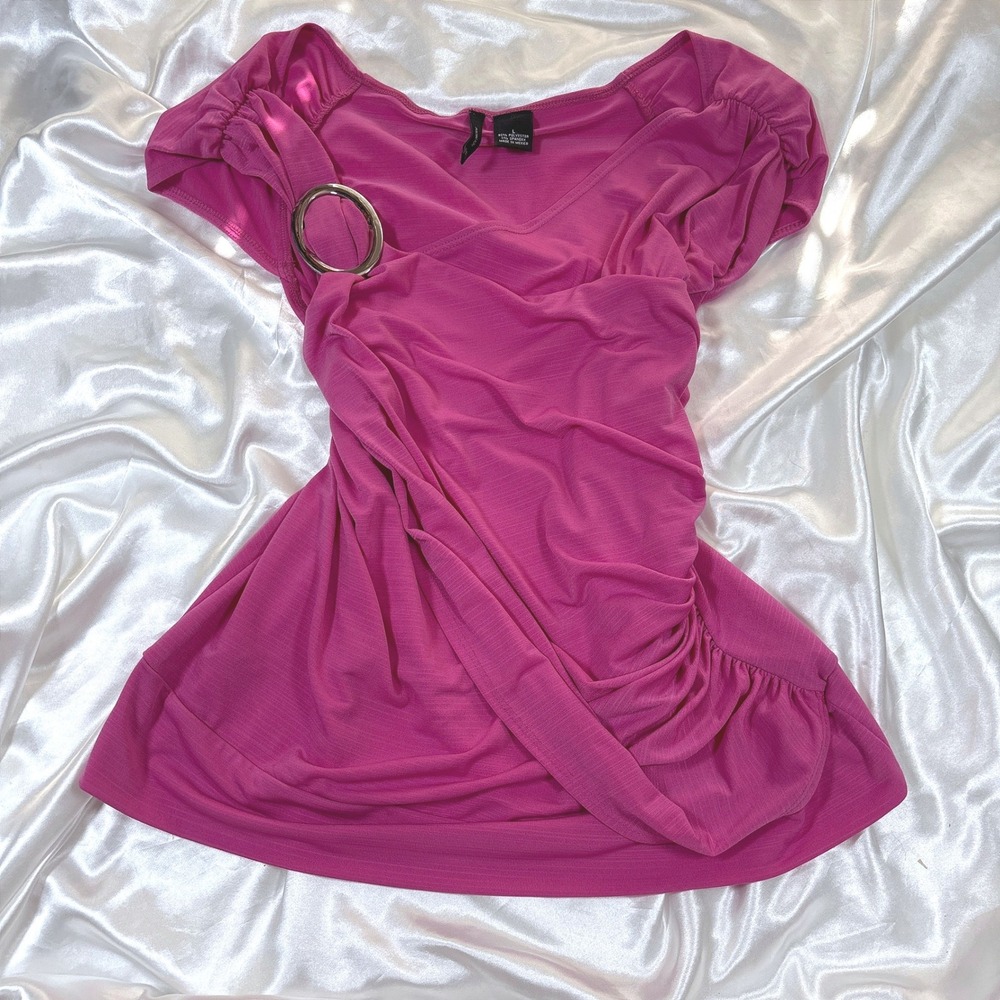 y2k Blouse Pink Excellent New Directions Draped O-Ring Wrap Top Puff Sleeve L
